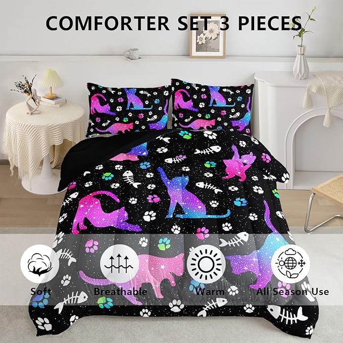 Cute Cat Comforter Kids Bedding Set Full,3Pcs Soft Paw Fish Bone Print Quilt Set Bed in A Bag with 1 Comforter 2 Pillowcases for Kids Boys Girls Teens Adults Room Decor All Season Gradient Purple Blue - LeafyLoom