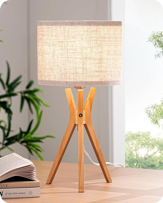 EDISHINE Tripod Table Lamp, 17.5" Modern Bedside Lamp with Natural Wood-colored Lamp Legs & Beige Linen Lampshade, Boho Nightstand Lamp for Bedroom, Living Room, Reading Room, E26 Base - LeafyLoom