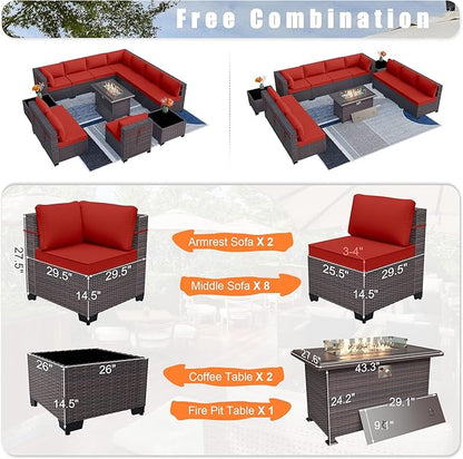 Patio Furniture Set with Fire Pit Table 13 PCS Outdoor Sectional Furniture Outdoor Rattan Patio Conversation Sets with 43in 55,000 BTU Propane Gas Fire Pit Table Glass Table, Red - LeafyLoom