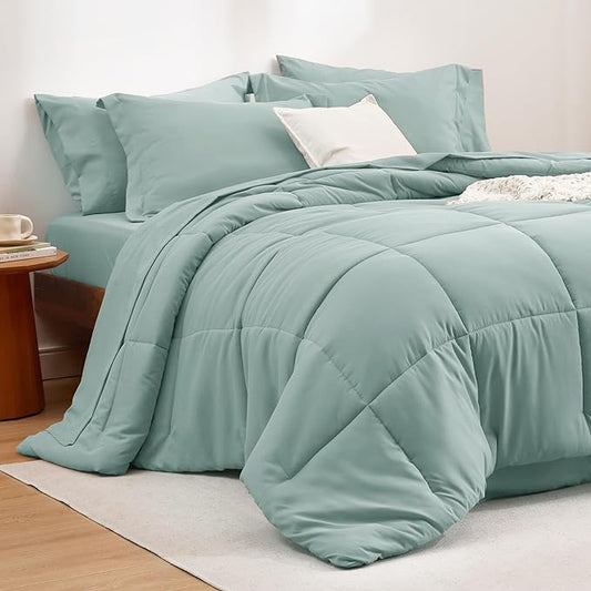 Bedsure Sage Green Twin Comforter Set - 5 Pieces Solid Twin Bed in a Bag, Twin Bed Set Sage Green with Quilted Warm Fluffy Comforters, Sheets, Pillowcase & Sham - LeafyLoom