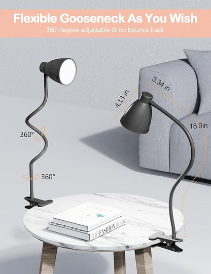 BOHON Desk Lamp 3 Color Modes 10 Brightness Dimmer Reading Light 10W 38 LED Clamp Lamp with Auto Off Timer 360° Flexible Gooseneck Clip on Light for Bed Bedside, AC Adapter Include - LeafyLoom