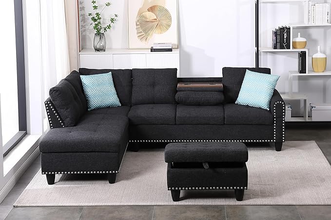 Sectional Sofa Set with Storage Ottoman, L Shape Linen Upholstered Modular Couch & Chaise Lounge, Flip-up Armrest Cup Holder, Furniture for Living Room Home Office, Gray, 98inch, Grey-3 - LeafyLoom