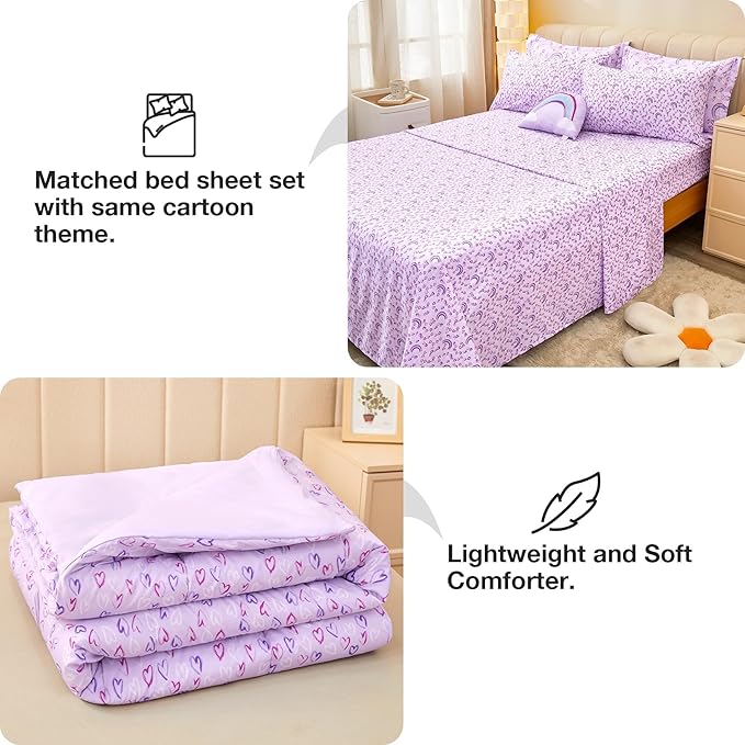 Mooreeke Twin Size Comforter Sets for Girls Kids, 6 Pieces Bed in a Bag Purple Love Rainbow Bedding Comforter Sheet Set with Shams and Decorative Toy Pillow, Ultral Soft Microfiber Kids Bed Set - LeafyLoom