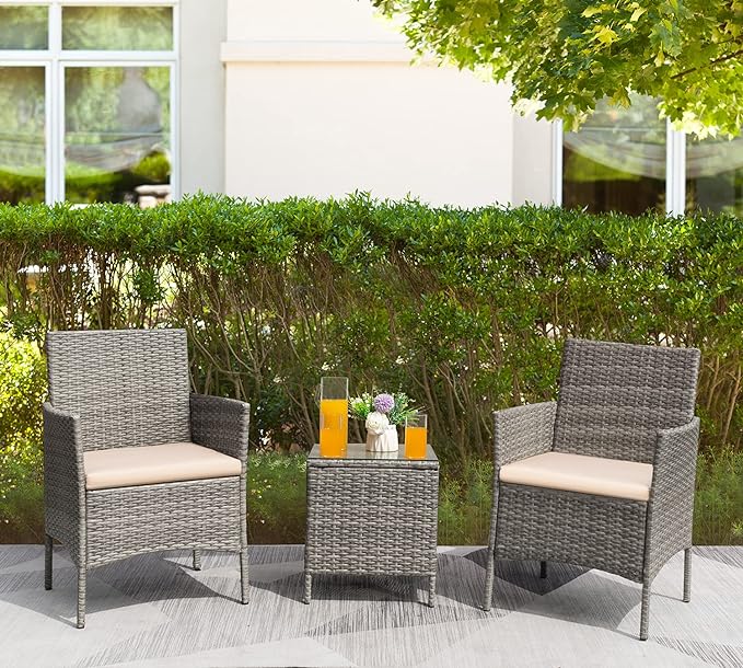 Greesum 3 Pieces Patio Furniture Sets Outdoor PE Rattan Wicker Chairs with Soft Cushion and Glass Coffee Table for Garden Backyard Porch Poolside, Gray and Beige - LeafyLoom