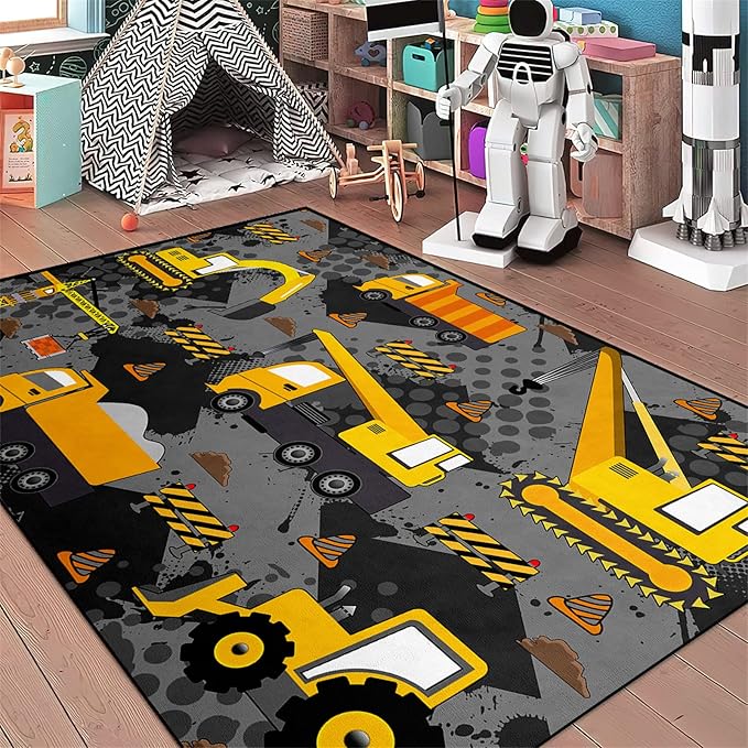 Construction Rugs for Boys Room Play Rug for Cars and Trucks Car Rug Play Mat Kids Rugs for Playroom Car Rug for Boys Room Construction Decor for Boys Room,Grey 3'×4' - LeafyLoom