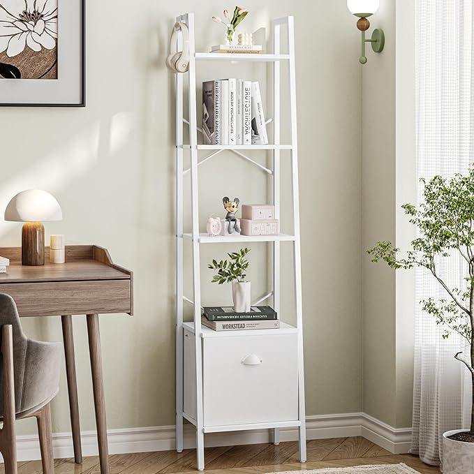 Narrow Bookshelf Bookcase with Drawer, Ladder Shelf with 2 Hooks, Bookshelves Storage Organizer, Freestanding Display Standing for Home Office, Bedroom, 5 Tier White BC19513W - LeafyLoom