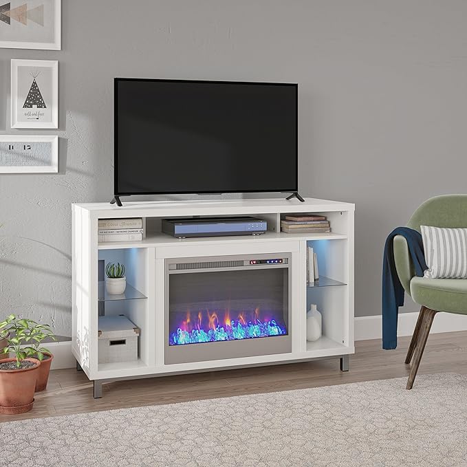 Ameriwood Home Lumina Fireplace TV Stand for TVs up to 48 Inch, Replaceable Electric Fireplace Insert Heater, Remote Control, Timer, Color Changing LED Lights, Crystal Ember Flames, White - LeafyLoom