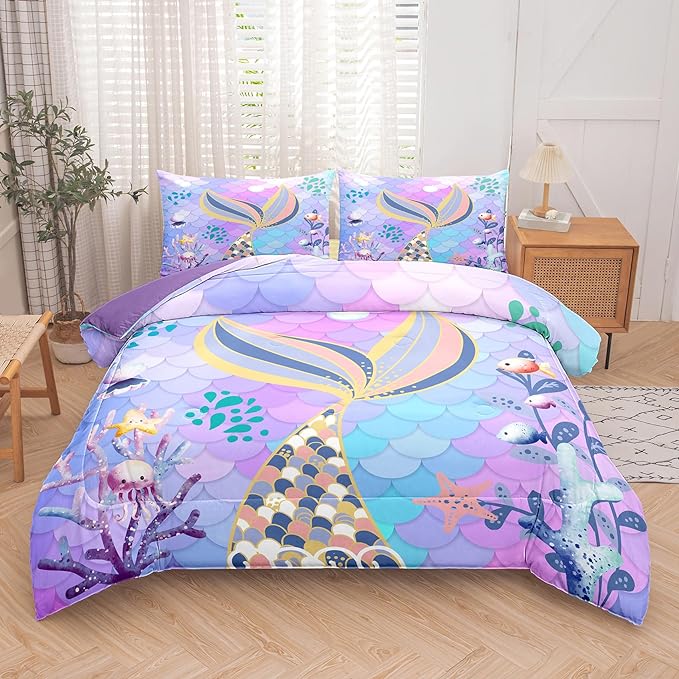 NINENINE Teal Purple Mermaid Comforter Set,Mermaid Tail Bedding Set,Twin Size Bedding Sets for Girls,Colorful Glitter Comforter Sets for Kids with 1 Comforter 1 Pillowcase… - LeafyLoom