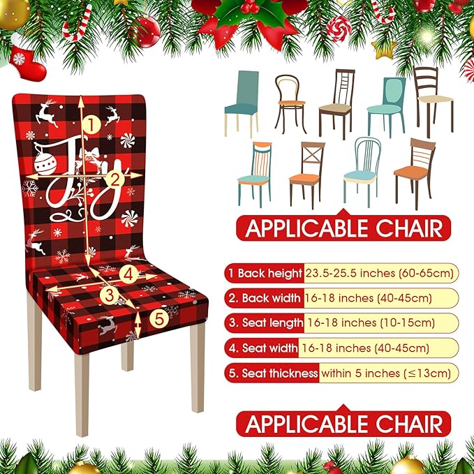 Ganeen 6 Pcs Christmas Chair Covers Merry Christmas Chair Back Cover Stretch Christmas Seat Cover Washable Xmas Dining Chair Protector Slipcover for Dining Room Kitchen Holiday Party(Plaid Style) Ganeen