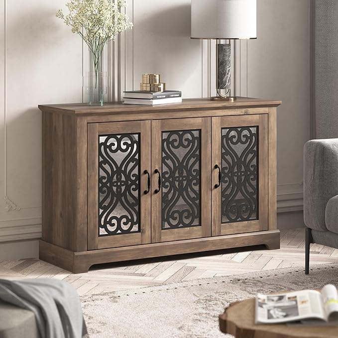 Galano Calidia 3 Door Sideboard, Kitchen Storage Sideboard Buffet Cabinet Console with Acrylic Mirror Doors & Adjustable Shelves, 15.67" D x 45.71" W x 29.29" H, Knotty Oak - LeafyLoom