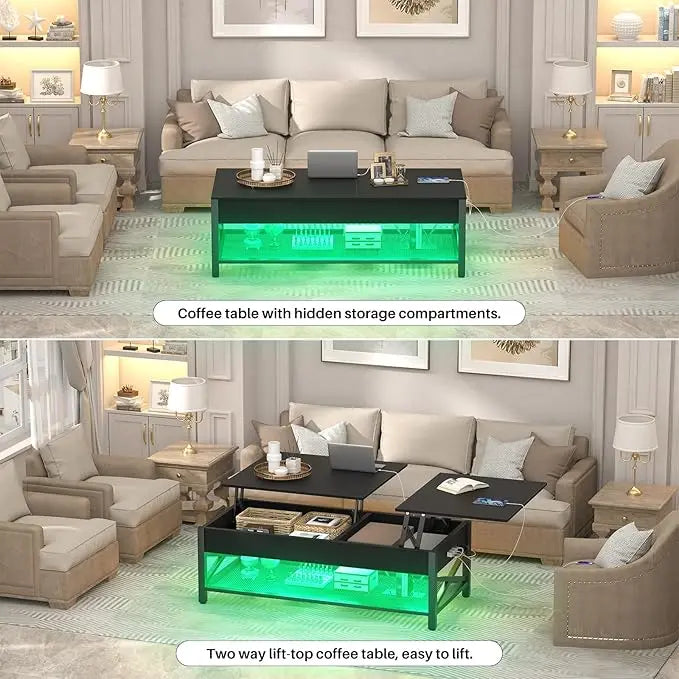 Aheaplus Black Lift-Top Coffee Table with LED Light, Power Outlets and Storage Shelf, 41.7"W x 19.69"L x 19.7"H - LeafyLoom