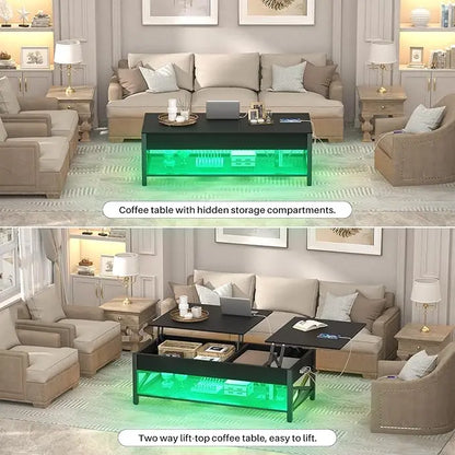 Aheaplus Black Lift-Top Coffee Table with LED Light, Power Outlets and Storage Shelf, 41.7"W x 19.69"L x 19.7"H - LeafyLoom