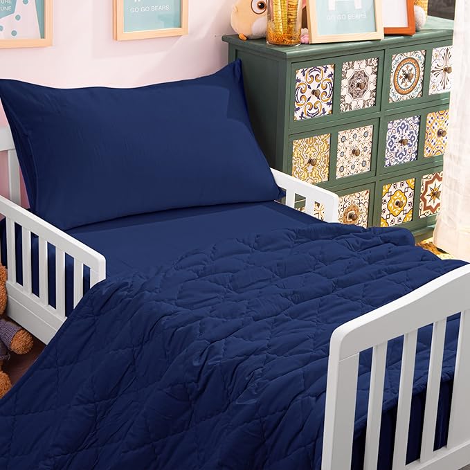 NTBAY Toddler Bedding Set - 4 Piece Soft and Breathable Crib Bedding Set for Boys and Girls, Includes Quilted Comforter, Fitted Sheet, Flat Top Sheet and Envelope Pillowcase, Navy Blue - LeafyLoom