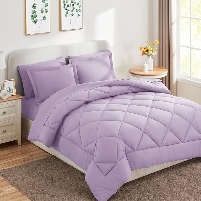 CozyLux King Comforter Set with Sheets 7 Pieces Bed in a Bag Light Purple All Season Lavender Bedding Sets with Comforter, Pillow Shams, Flat Sheet, Fitted Sheet and Pillowcases - LeafyLoom