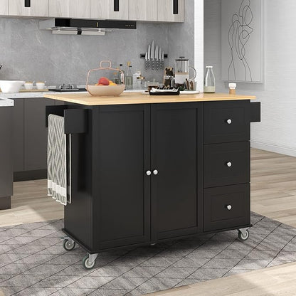 52.7 Cart with Wood Top and Drop Leaf Breakfast Bar, Rolling Mobile Island Towel Rack,Large Storage Cabinet Kitchen Table for Dinning Room, Black, 52.76 Inch - LeafyLoom