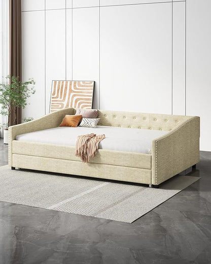 Full Size Daybed with Trundle, Upholstered Tufted Sofa Bed with Button on Back and Piping on Waved Shape Arms for Bedroom, Apartment, Living Room, Wooden Slats Support, Beige - LeafyLoom