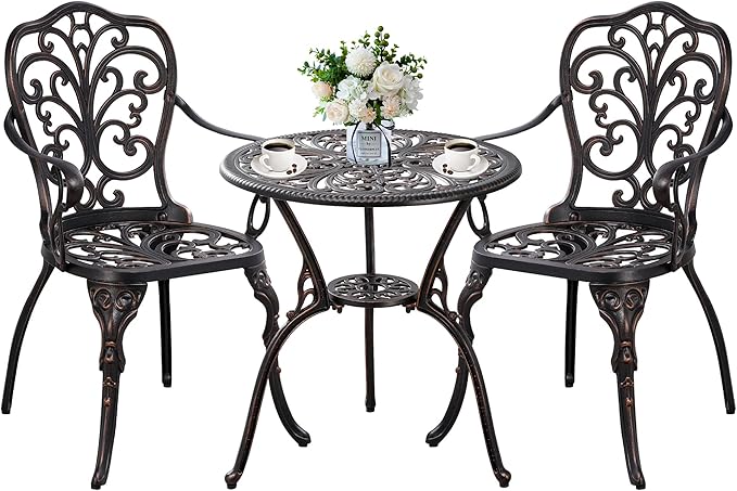 Outdoor Bistro Table and Chairs Set of 2 Cast Aluminum Patio Bistro Set with Umbrella Hole, All Weather Bistro Table Set for Garden, Bronze - LeafyLoom