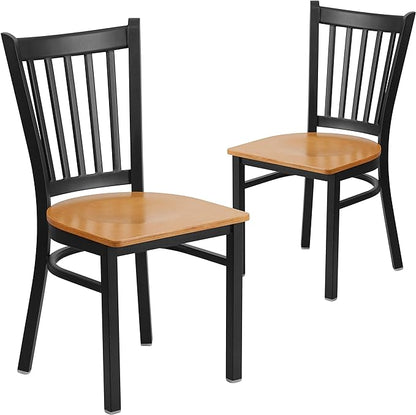 Flash Furniture 2 Pack HERCULES Series Black Vertical Back Metal Restaurant Chair - Natural Wood Seat - LeafyLoom