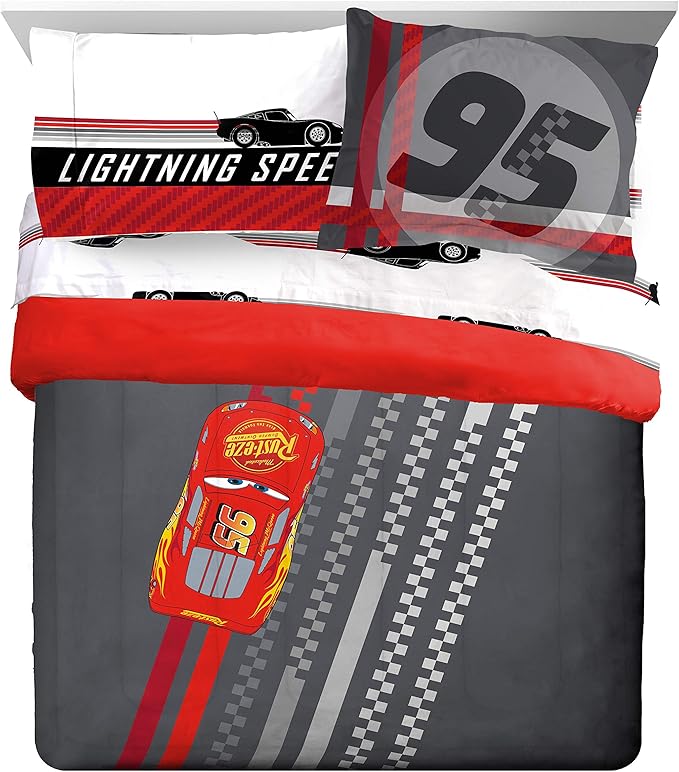 Jay Franco Disney Pixar Cars Race Ready 7 Piece Queen Bed Set - includes Comforter & Sheet Set - Bedding Features Lightning McQueen - Super Soft Fade Resistant Microfiber - LeafyLoom