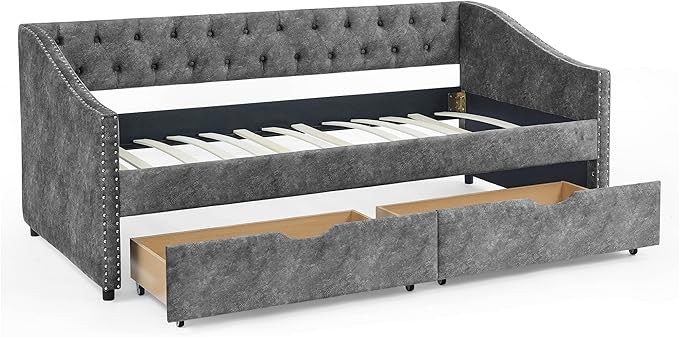 RITSU Modern Twin Size Daybed with Drawers Upholstered Sofa Bed, Tufted Buttons On Back, Wooden Frame， Copper Nail On Waved Shape Arms, for Bedroom, Living Room, Grey, 81.50 - LeafyLoom