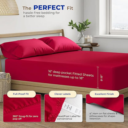 THREAD SPREAD 600 Thread Count Sheets Queen - 100% Egyptian Cotton Sheets Queen Size, 4 PC Luxury Sheets Queen Size, Ultra Soft Queen Sheets & Pillowcases Set, 16" Deep Pocket Cooling Sheet - Red - LeafyLoom