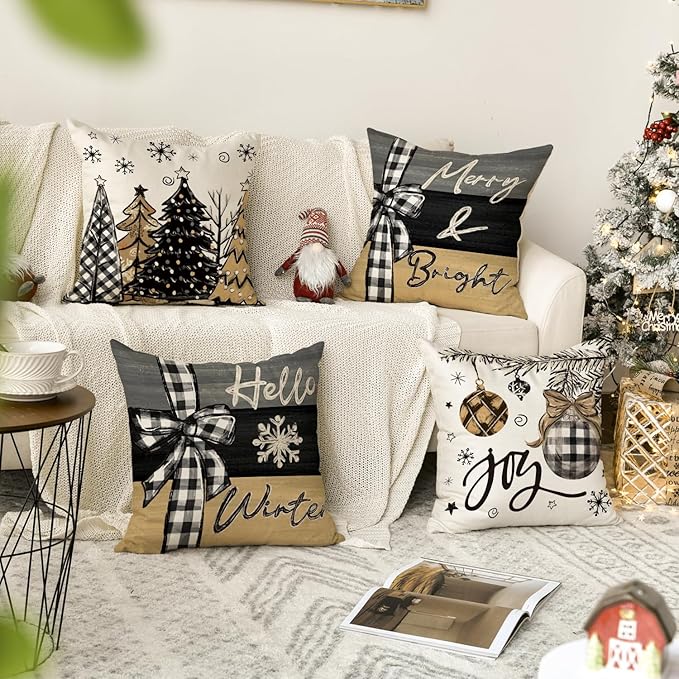 AVOIN colorlife Merry Christmas Joy Xmas Trees Brown Throw Pillow Covers, 18 x 18 Inch Christmas Winter Holiday Cushion Case Decoration for Sofa Couch Set of 4 AVOINcolorlife