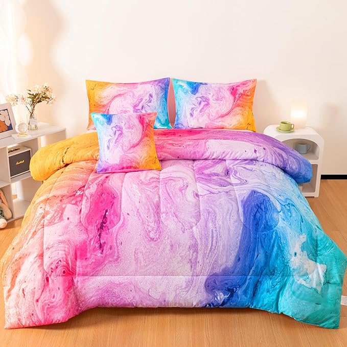 4 Pcs Tie Dye Twin Comforter Set for Girls, Watercolor Marble Abstract Art Superior Kids Bedding Sets Twin Size, Pink Purple Blue Colorful Teenage Girls Comforter Sets - LeafyLoom