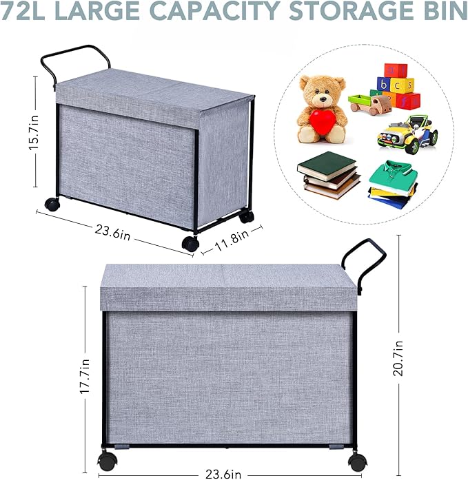 Toy Box Toy Storage - 72L Kids Toy Organizer with Wheels Toy Chest Storage Bins with Lids, Toy Boxes for Girls Boys, Stuffed Animals, Clothes, Bedroom, Living Room - LeafyLoom