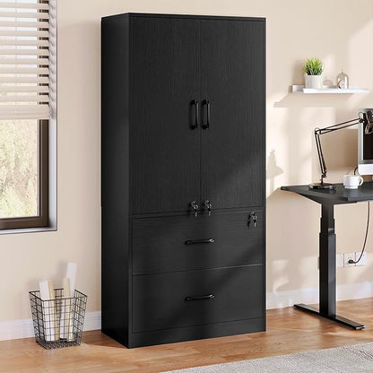 YITAHOME Wood File Cabinets, Heavy Duty Garage Tool Cabinets with Doors & Adjustable Shelves, Big Storage Filing Lockers for Home Office, Living Room, Pantry, Gym, Basement, Warehouse, Black - LeafyLoom