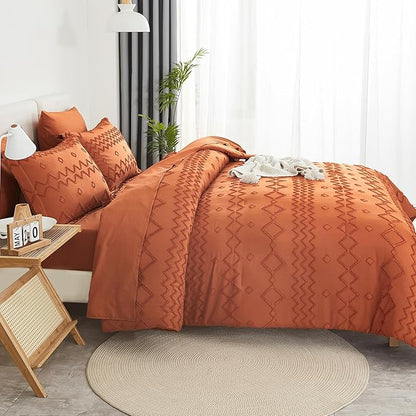 EMME King Comforter Set - 7 Pcs Pumpkin Boho Bedding Sets, King Size Tufted Comforter Set with Sheets, Shabby Chic Embroidery Bed Set Fluffy Bed Bag for All Season(102"X90") - LeafyLoom