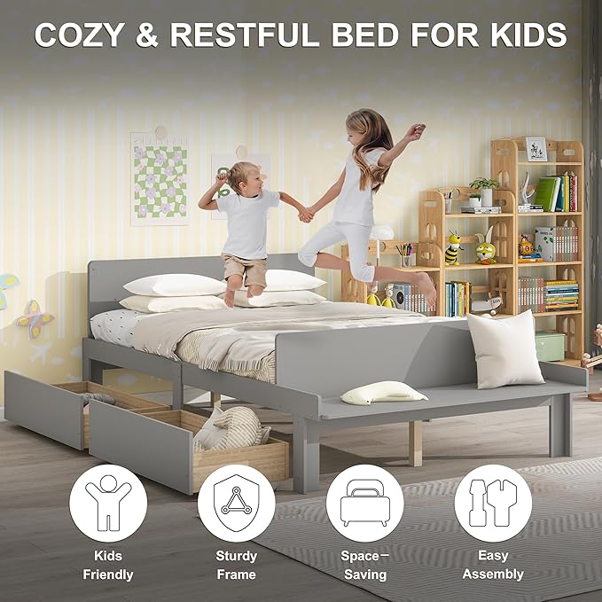 Dolonm Full Bed Frames for Kids with 2 Drawers, Storage Platform Bed with Footboard Bench, Twin Kids Bed Headboard Frame Pine Wood, High Stable, No Box Spring Needed, Twin Bed for Kids, Grey - LeafyLoom