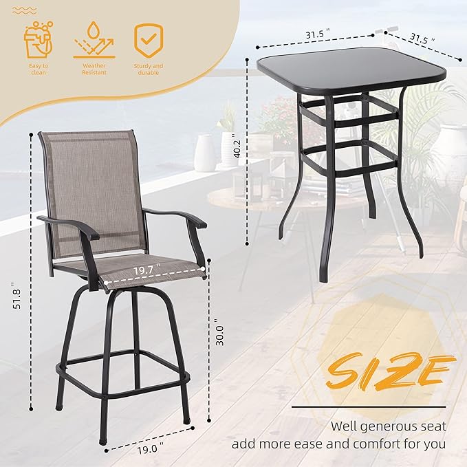 Shintenchi 5 Pieces Outdoor Swivel Bar Set, All Weather Textile Fabric Patio High Bar Stool Bistro Set with 4 Height Back Bar Chairs and Glass Table for Home, Backyard, Garden, Lawn, Porch - LeafyLoom