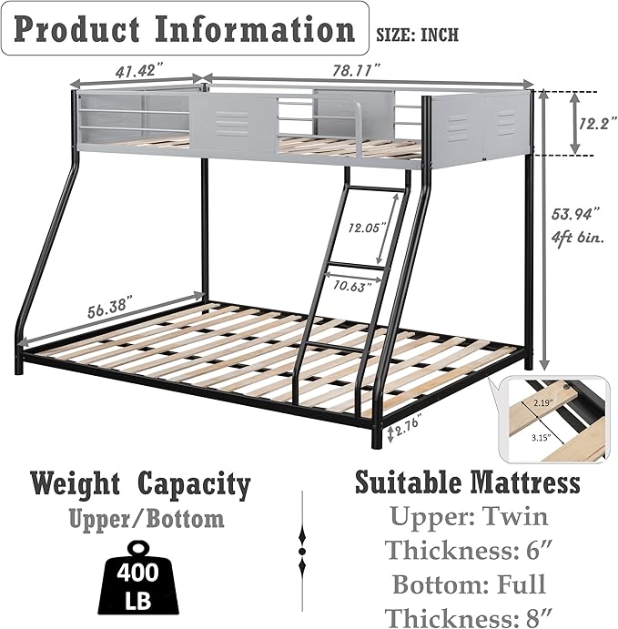 Metal Twin Over Full Bunk Bed, Heavy-Duty Sturdy Metal Frame with Safety Vent Board Guardrail, Low Bunk Beds for Kids, Teens, Adults, No Box Spring Needed - LeafyLoom