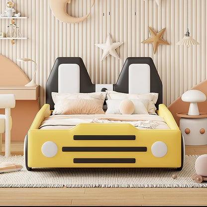 Twin Size Car Bed for Boys,Race Car-Shaped Wooden Platform Bedframe with Wheels & Safety Guardrail,Slats Support,Easy Assembly,Fun Play for Kids Toddlers Child's Bedroom,Yellow PU - LeafyLoom