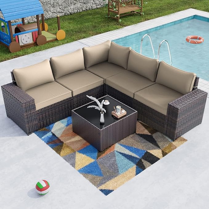 Kullavik 6PCS Outdoor Patio Furniture Set PE Wicker Rattan Sectional Sofa Patio Conversation Sets,Khaki - LeafyLoom