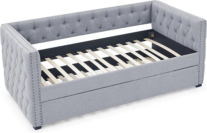 RITSU Double Daybed with Casters, Upholstered Tufted Pull-Out Sofa Bed, Fabric Solid Wood Structure, Square Arms w/Buttons and Copper Nails Accent, Suitable for Bedroom, Apartment, 85.00, Grey-1 - LeafyLoom