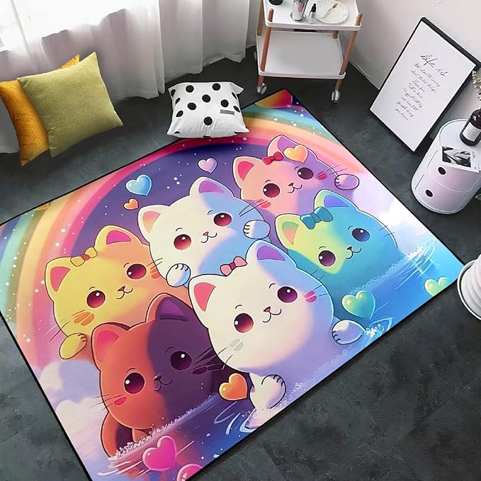 Rainbow Cat Rug for Girls - Colorful Cat Rug for Kids Bedroom Cute Cartoon Cat Pattern Rug Lovely Cat Rugs Room Decor Anime Cat Area Rug, 3x5 Feet - LeafyLoom