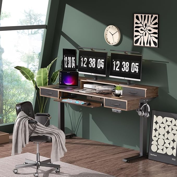 Electric Standing Desk, Multifunctional Standing Desk Adjustable Height, 63 * 24 Standing Desk with 4 Drawers, Ergonomic Adjustable Standing Desk with Keyboard Tray, Rustic Brown - LeafyLoom