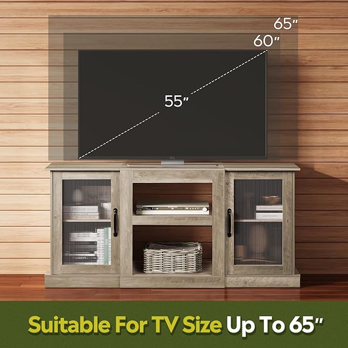 WLIVE Retro TV Stand for 65 inch TV, TV Console Cabinet with Storage, Open Shelves Entertainment Center for Living Room and Bedroom, Greige - LeafyLoom