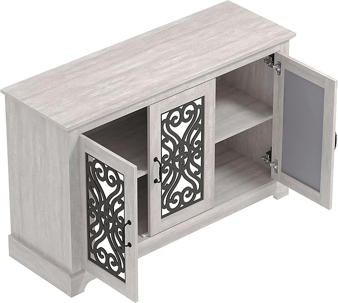 Galano Calidia 3 Door Sideboard, Kitchen Storage Sideboard Buffet Cabinet Console with Acrylic Mirror Doors & Adjustable Shelves, 15.67" D x 45.71" W x 29.29" H, Dusty Grey Oak - LeafyLoom