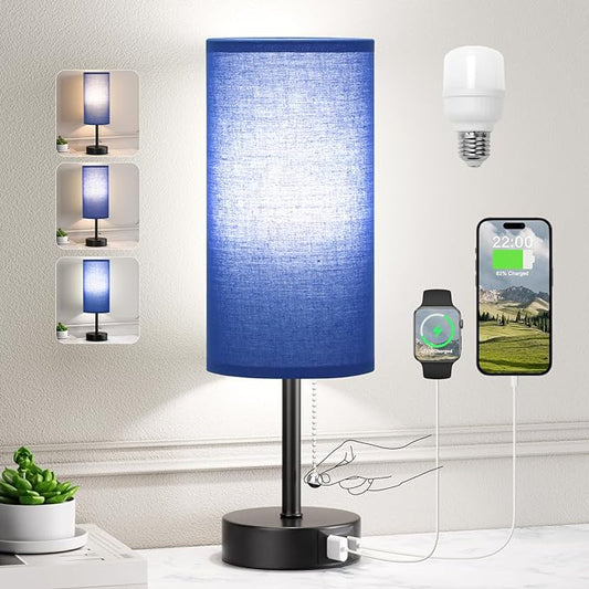 Blue Table Bedside Lamp for Bedroom Nightstand - Small Lamp with USB A + C Charging Port, 3 Color Temperatures Pull Chain Night Stand Light with Bulb, Side Table Desk Reading Lamp for Living Room - LeafyLoom