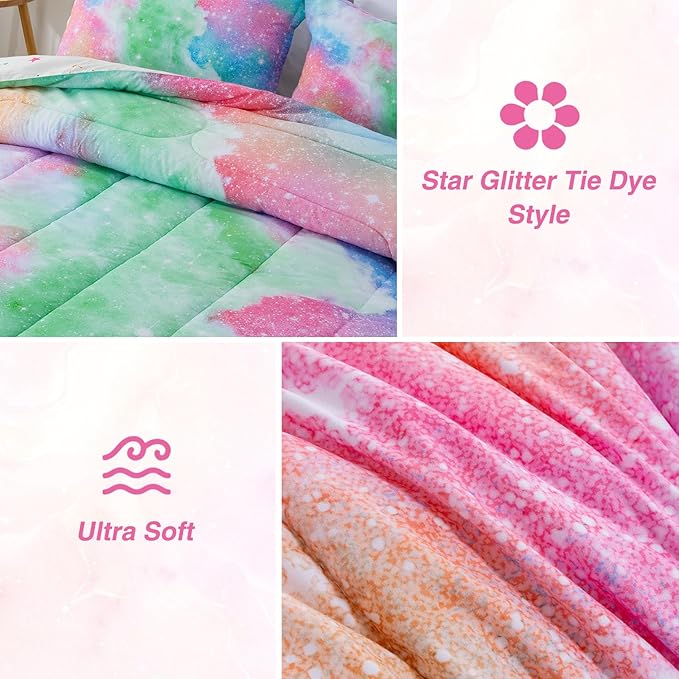 A Nice Night Galaxy 6pcs Kids Bed in a Bag Outer Space Comforter 3D Printed Space Quilt Set Glitter Pink Green Color,for Children Boy Girl Teen Kids,Queen - LeafyLoom