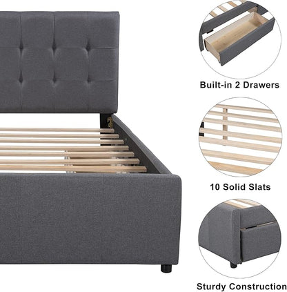 Bellemave Upholstered Twin Size Platform Bed Frame with 2 Storage Drawers and Headboard, Linen Fabric Simple Style, Solid Wooden Slats Support, No Box Spring Needed, Grey - LeafyLoom