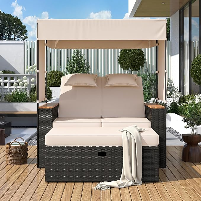 Outdoor Patio Conversation Set, 2-Piece Patio Bench Rattan Roof Set, Effective UV Protection Fabric & Waterproof Cushions and Adjustable Backrest for Garden, Backyard and Porch - LeafyLoom