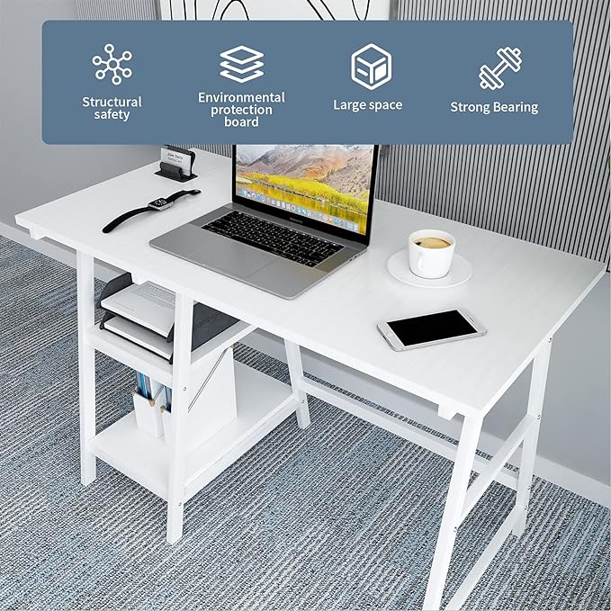 Natwind 43" White Desk Home Office Computer Working Kid Student Study Table with 2-Tier Storage Bookshelves Modern Simple Study Laptop Writing Elegant Style Desk Workstation - LeafyLoom