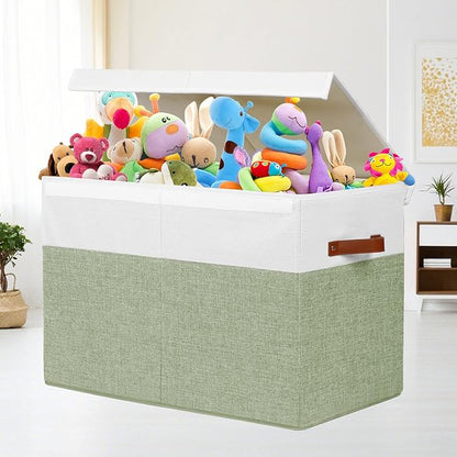 Large Toy Storage Box with Lid, Sturdy Toys Storage Chest Bin Organizer Basket with Dividers for Kids, Boys, Girls, Nursery, Closet, Bedroom, Playroom 25"x13" x16" (Green and White) - LeafyLoom