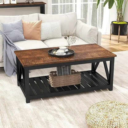 ChooChoo Black Coffee Table, Rustic Vintage Table with Shelf for Living Room, 40 Inch - LeafyLoom