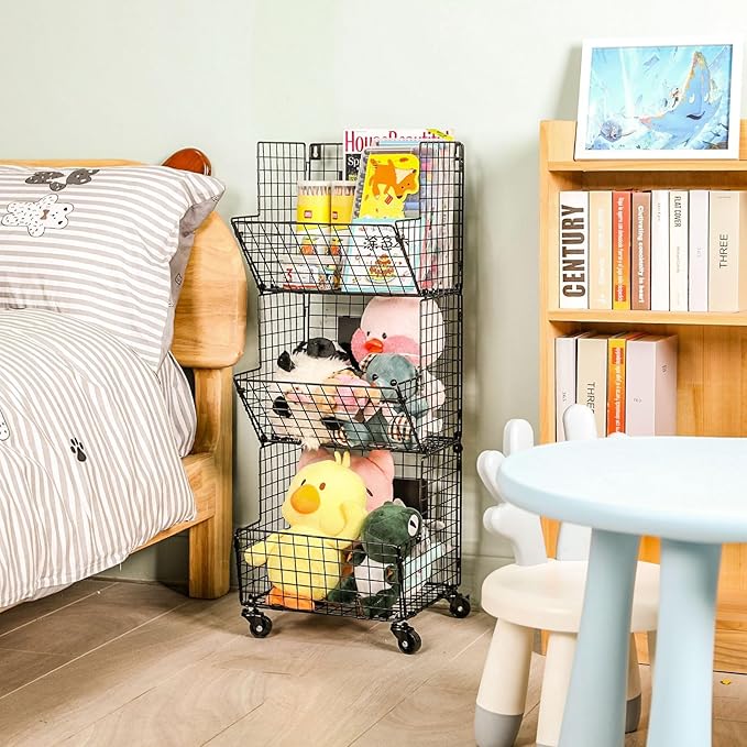 3 Tier Metal Wire Baskets - Toy Organizer Basket Shelf with Wheel, S-Hooks, Rolling Cart Hanging Storage Baskets for Child Room, Playroom, Bedroom, Kitchen (Black) - LeafyLoom