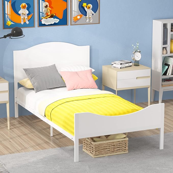 Timy Kids Twin Bed Frame with Wooden Headboard and Footboard, Metal Platform Bed Frame for Boys Girls Teens Adults, Modern Kids Bed Furniture, No Box Spring Needed, White - LeafyLoom