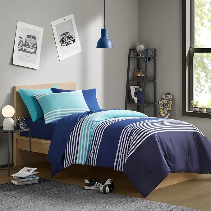 Comfort Spaces Twin Comforter Sets with Sheets - Bed in a Bag 6 Pieces Teen Bedding Sets Twin, Navy and Grey Stripes Bedding Twin, College Twin Bed Set, 2 Side Pockes Bedroom Organizer Twin Navy - LeafyLoom